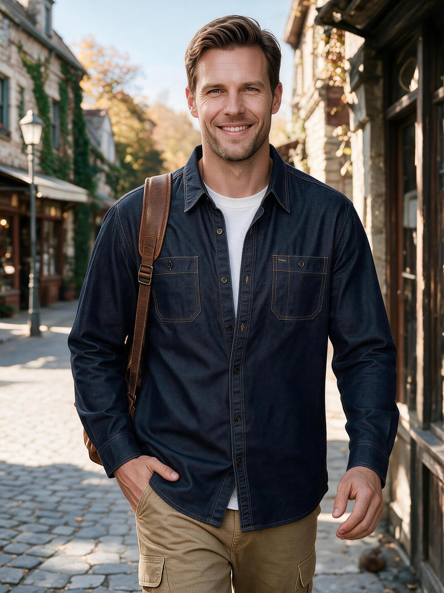 Men's Dark Wash Denim Workshirt Long Sleeve Button Shirt, Comfort Breathable Soft Denim Fabric with Dual Button Chest Pockets Fashion Workwear Brand Top for Daily Commute & Street - Navy Color