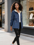 Women's Reversible Mid-Length Spring & Autumn Trench Coat, Color Block, Fixed Hood with Zipper Pockets, Adjustable Cinch Waist Slim Fit, Lightweight Durable Flip Outerwear, Zip-Up Solid Elegant Versatile Outdoor Jacket - Blue
