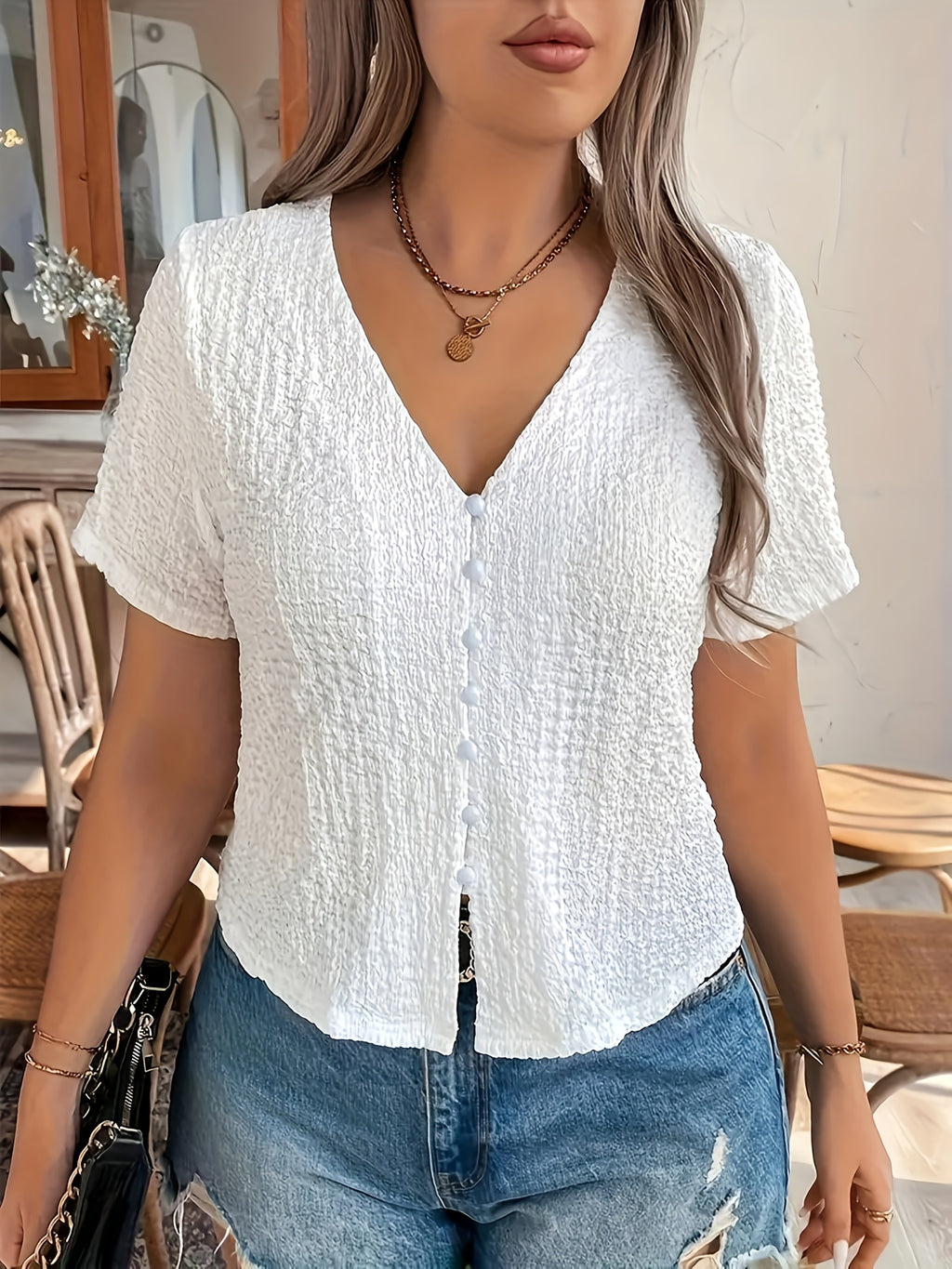 Button- V-neck Shirt - Milky