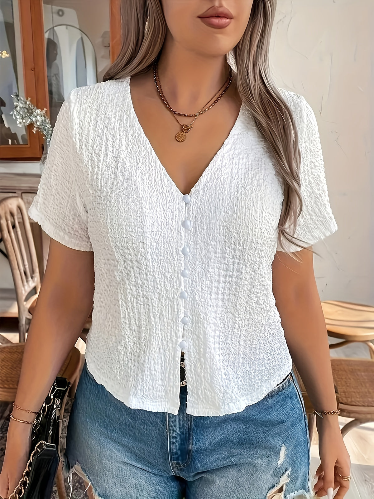 Button- V-neck Shirt - Milky