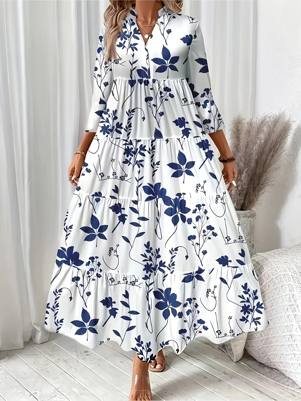 Directional Floral Print V-Neck Pleated Long-Sleeve Dress - White