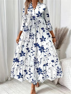 Directional Floral Print V-Neck Pleated Long-Sleeve Dress - White