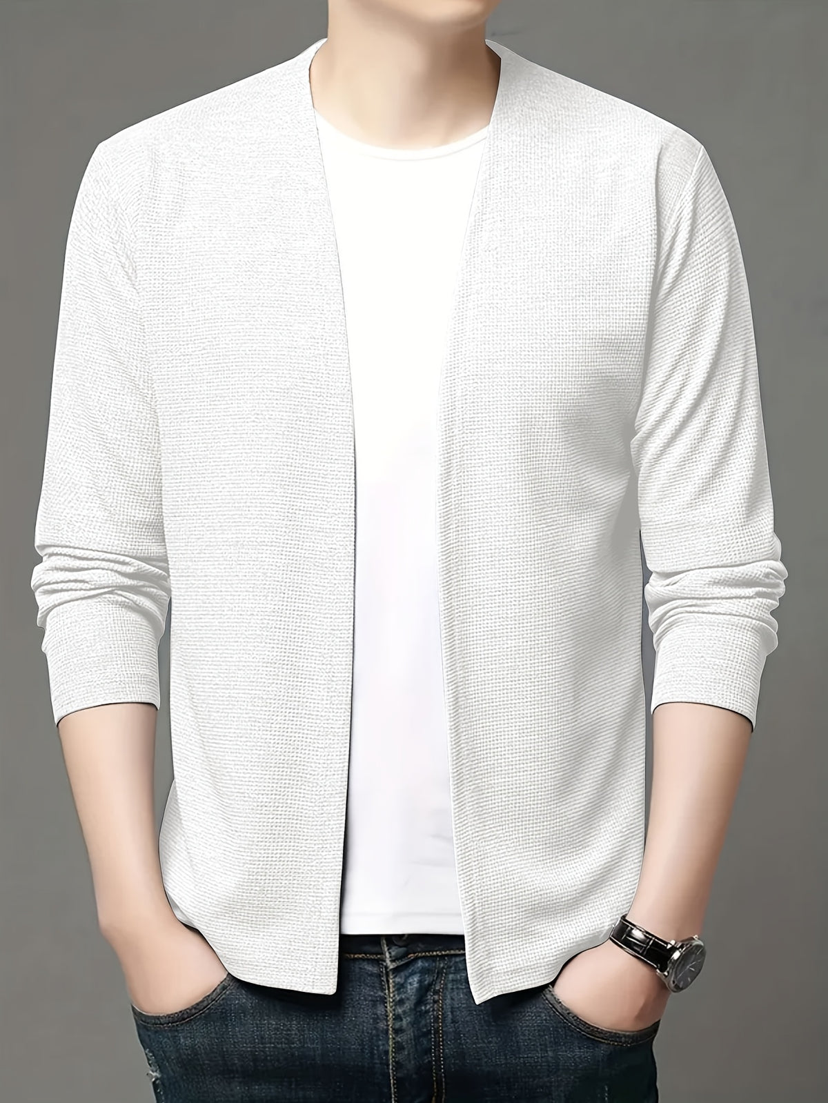 LVLAEA Christmas Pre-Heating 2pcs Set Men'S Knit Cardigan Long Sleeve Knit Casual No-Button Cardigan Spring Autumn Men'S Solid Color Jacket Middle-Aged Fashion Air-Conditioned Shirt Outerwear Men'S Style, Suitable for Outings And Leisure - White+Light Grey