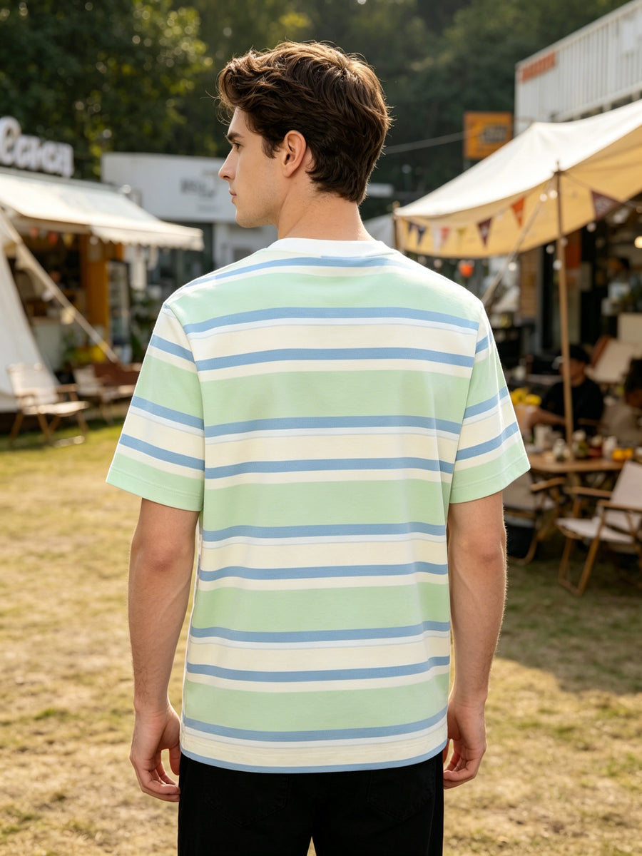 Men's Summer Crew Neck Short Sleeve Mint Green, Blue, and White Striped T-Shirt, Breathable and Comfortable for Daily Casual Wear, Non-Solid Color Patterned Clothing "[Printed Design – Not Textured]" - Mixed colors