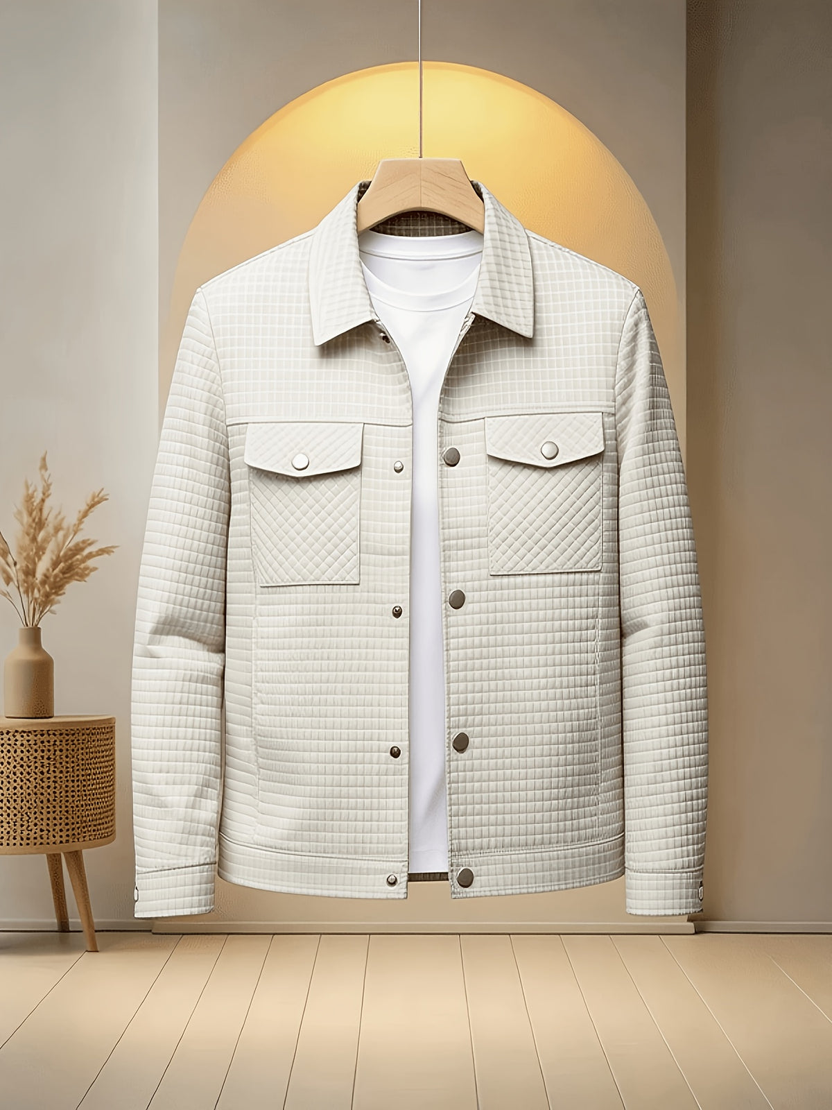 Men'S Plaid Lapel Button-Front Jacket, 100% Polyester Breathable Anti-Scratch Quick-Dry Wrinkle-Resistant Office Daily Casual Outerwear - Beige Color