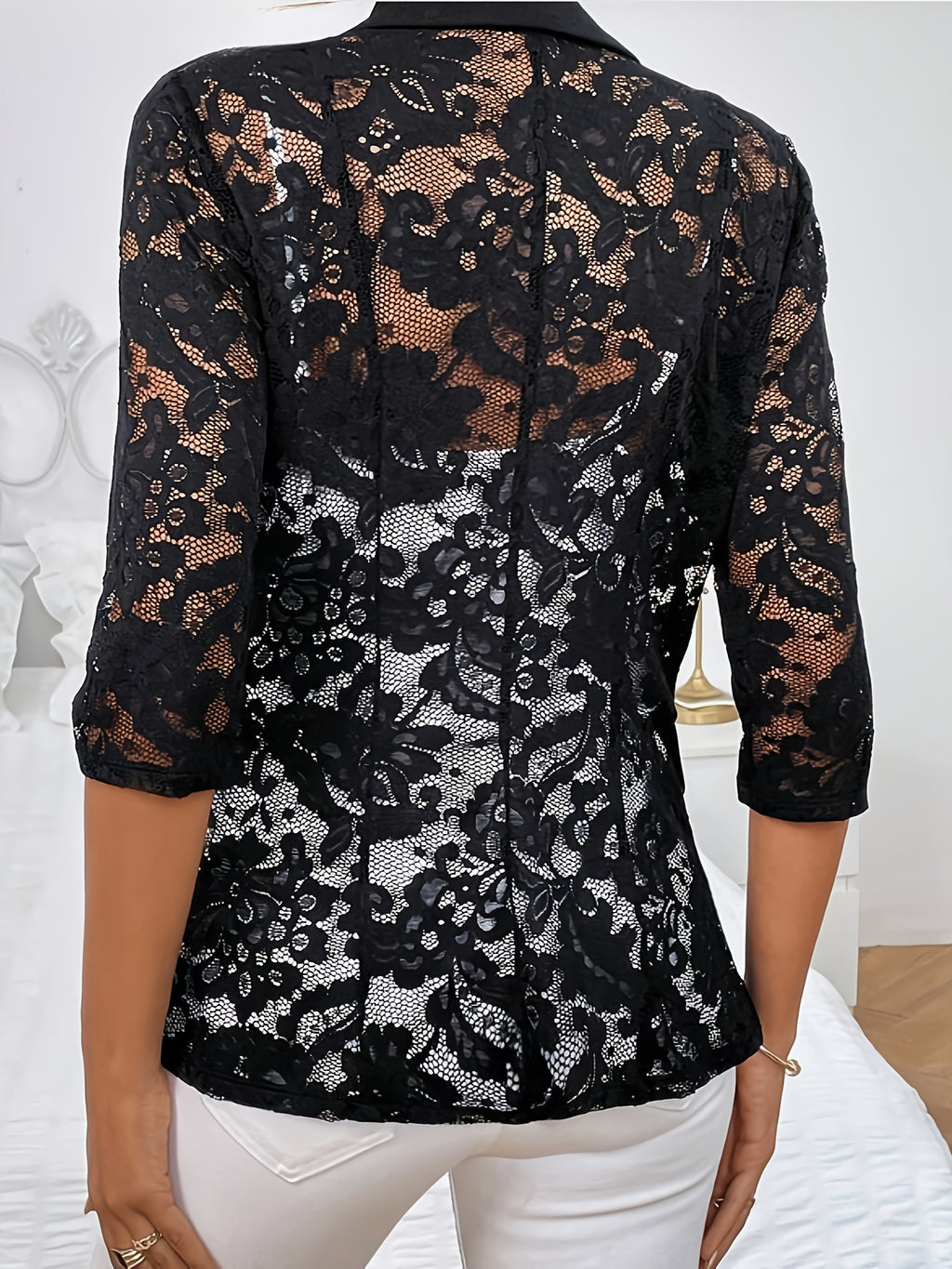 Women'S Elegant Blazer - Business & Formal Attire, Structured H-Silhouette Jacket with Button Front Closure, Office, Wedding, Party Outerwear - Sophisticated Professional Coat for Women, Office Wear, Sophisticated Style, Lace Detailing, Wedding Guest - Black