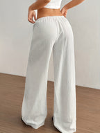 Women's Solid Color Wide-Leg Trousers - Elastic Waist Straight-Leg Pants with Adjustable Drawstring, Lightweight Loose Wide Pants Suitable for Spring Summer Fall, Casual Office Wear, Machine Washable Wide Leg Pants for Blouses - White