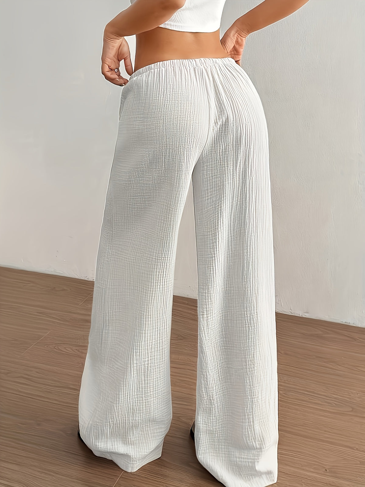 Women's Solid Color Wide-Leg Trousers - Elastic Waist Straight-Leg Pants with Adjustable Drawstring, Lightweight Loose Wide Pants Suitable for Spring Summer Fall, Casual Office Wear, Machine Washable Wide Leg Pants for Blouses - White