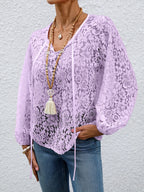 Ladies' clothing, casual fashion, elegant, transparent, solid color long sleeved, lace, solid color shirt - Light Purple