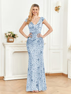 Elegant Beaded Mature Sleeveless Fishtail Dress Summer Party Dinner Formal High-end Luxury Bridesmaid Dresses V-Neck Wedding Mom Dress Sexy Tank Long Skirt - Powder blue