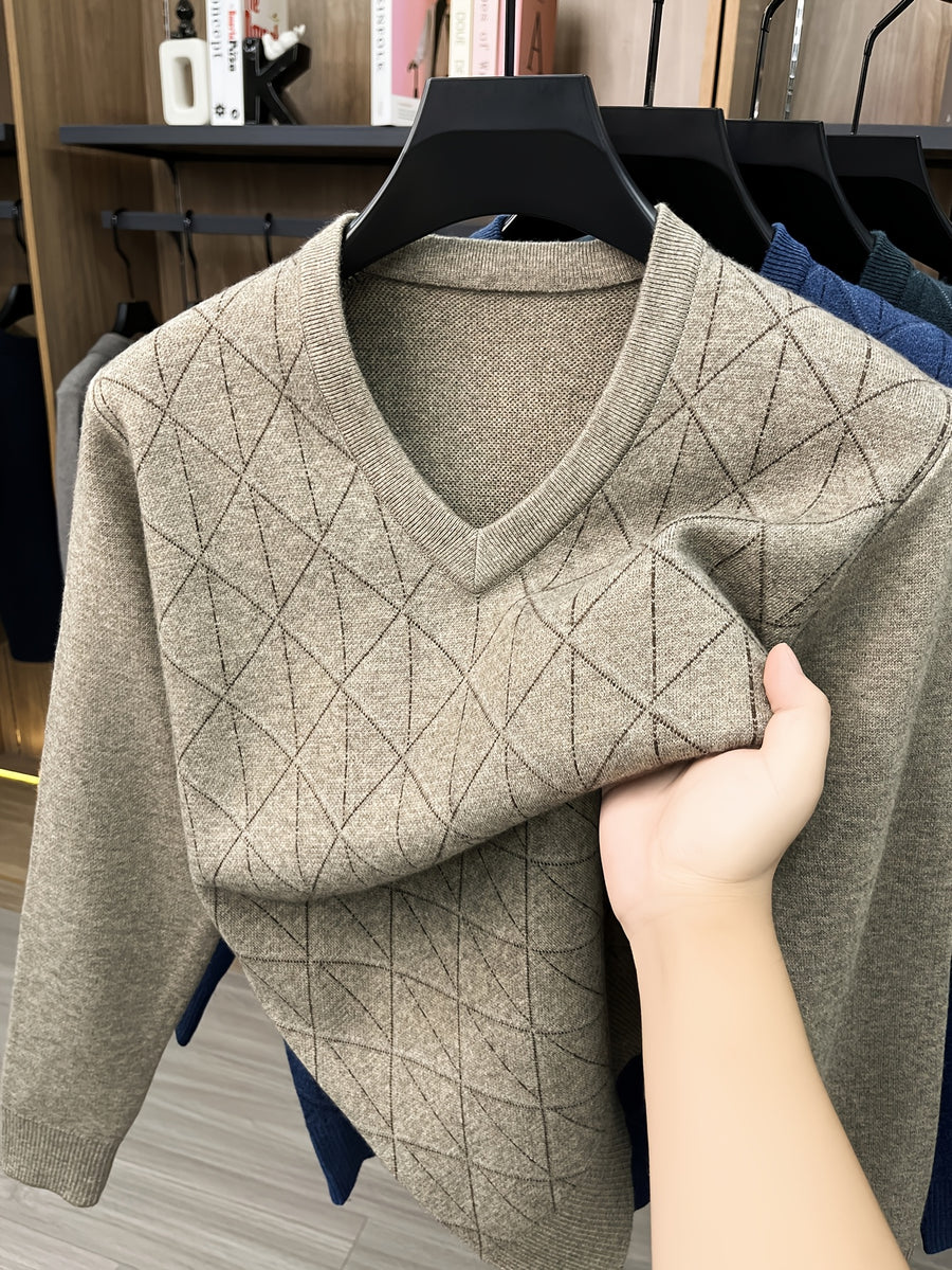 Men's V-neck Knitted Warm Casual Simple Autumn/Winter Thermal Sweater - Camel