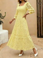 Heavy-Handcrafted French Lace Maxi Dress, Stylish Square Neck with Exquisite Cutout Lace, Elegant And, Ideal for Daily Commute And Dates NIANNIAN Women'S Wear - Yellow