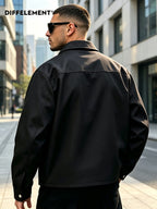 DIFFELEMENT Men's Lapel Work Jacket, Structured, Wear-Resistant, Windproof, Woven Fabric, Multiple Pockets, Metal Snap Buttons, Simple Solid Color, Versatile Fit, Suitable for Urban Commuting, Street Outings, Outdoor Casual Wear, Spring and Autumn - Black