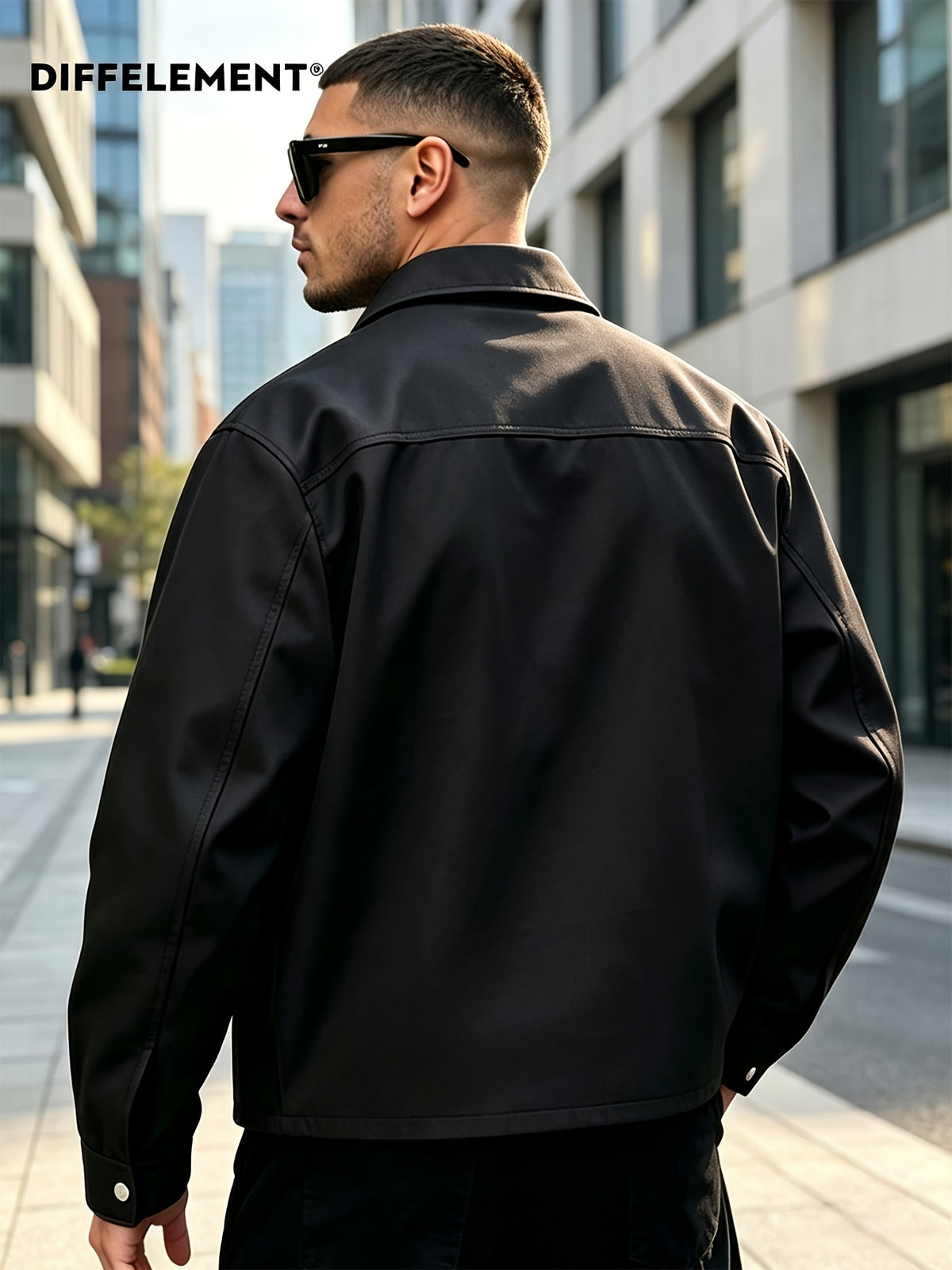 DIFFELEMENT Men's Lapel Work Jacket, Structured, Wear-Resistant, Windproof, Woven Fabric, Multiple Pockets, Metal Snap Buttons, Simple Solid Color, Versatile Fit, Suitable for Urban Commuting, Street Outings, Outdoor Casual Wear, Spring and Autumn - Black