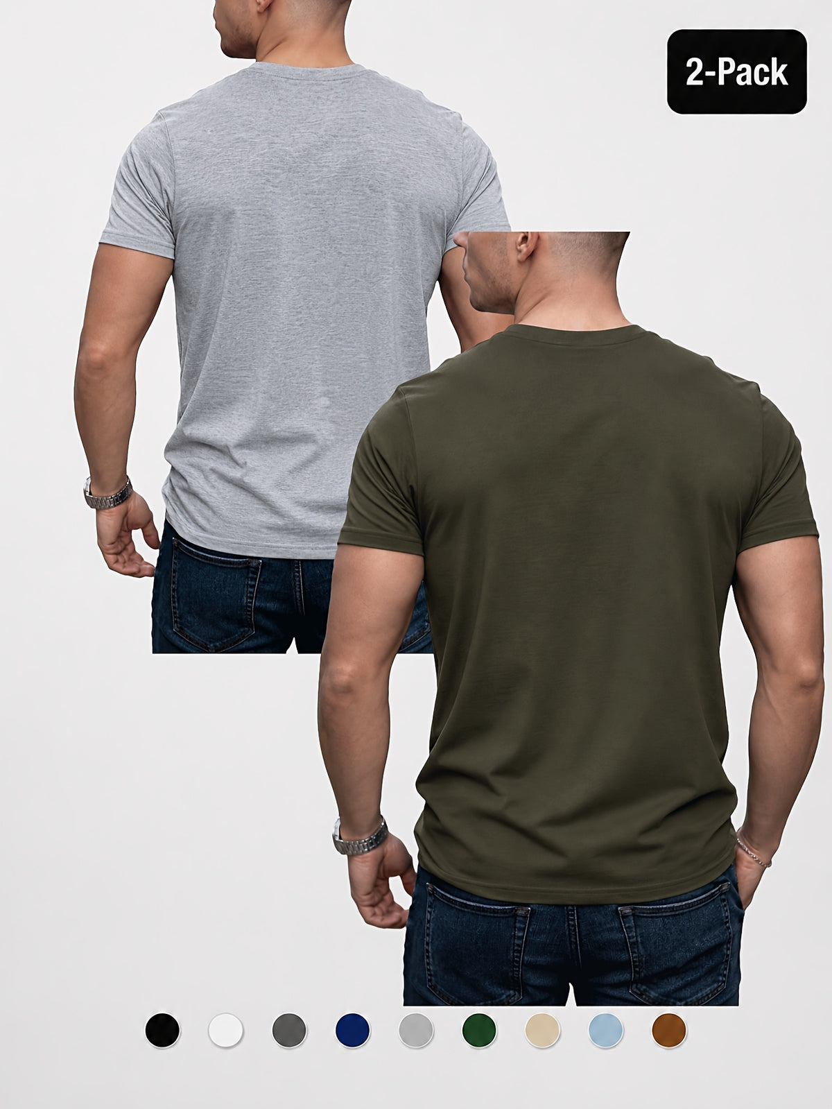 2pcs Men'S Round Neck Short Sleeve Top Set, Round Neck Solid Color Easy Style Soft -Like Fabric Basic Wearable Non-Picky Matching Daily Replacement Base Short Sleeve Top Suitable for Multi-Scene High-Frequency Replacement - Light Grey+Army Green