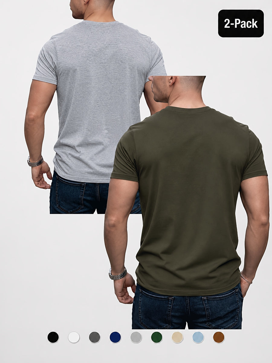 2pcs Men'S Round Neck Short Sleeve Top Set, Round Neck Solid Color Easy Style Soft -Like Fabric Basic Wearable Non-Picky Matching Daily Replacement Base Short Sleeve Top Suitable for Multi-Scene High-Frequency Replacement - Light Grey+Army Green