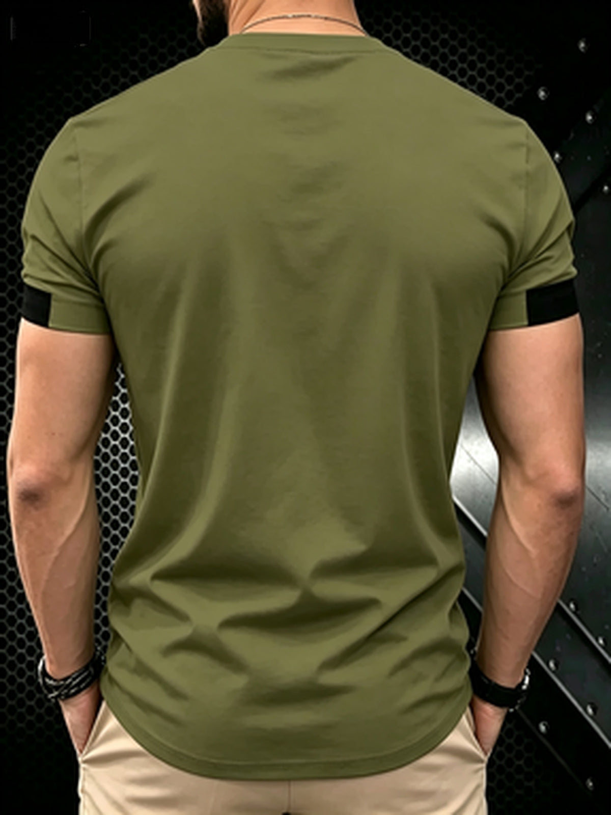 Men's Olive Green Solid Color Round Neck Short Sleeve T-Shirt with Cuff Trim Detail - Lightweight Breathable Casual Top, Suitable for Spring Summer Casual Attire, Versatile for -Casual & Formal Outfits, Machine Washable - Mixed colors