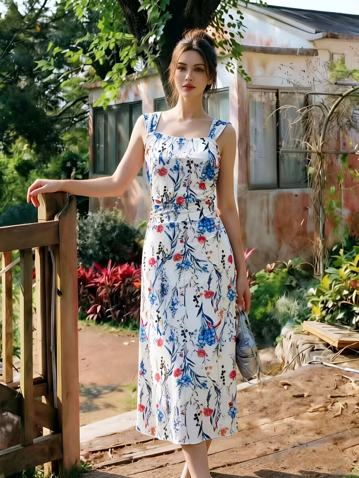 ASD1 2026 New Suspender Dress Women'S Summer Pleated Waist Temperament Mid-Length Dress, Mesh Dress, Gentle Style Fairy Dress. Retro Print Dress, Diverse Color Design, Gentle Vacation Style Long Skirt, French Romantic Style, Drape Mesh, Beach - Blue and pink flowers on white background