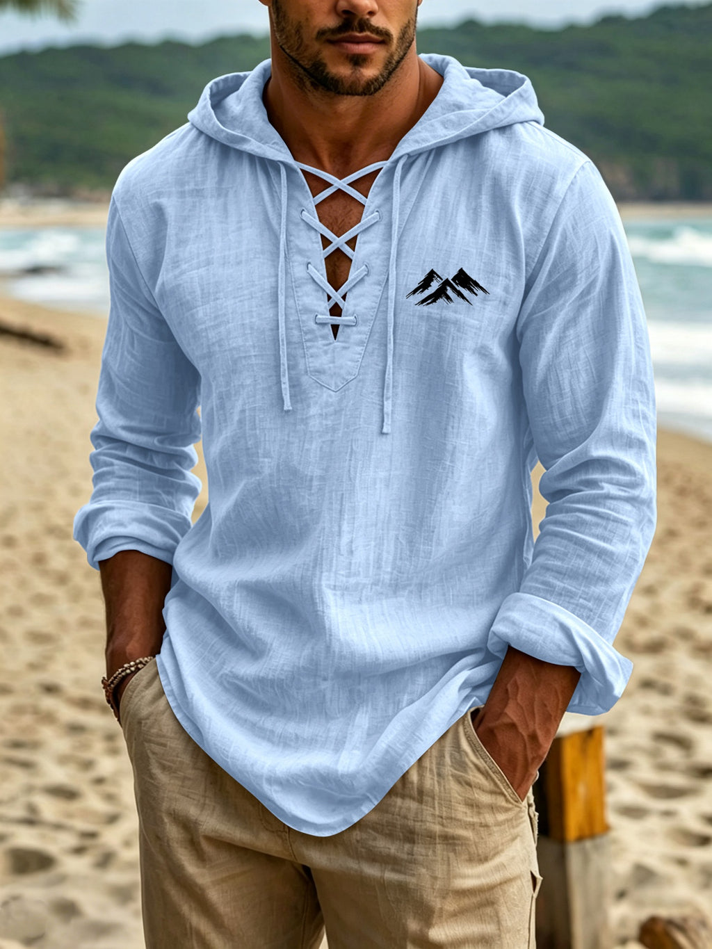 Outdoor Mountain Men's Linen Hooded Long-Sleeve Shirt with Hand-Painted Mountain Silhouette Print to Enhance Apparel Recognizability. Creative Cross-Tie Collar Adds Rich Layering. Long Sleeves and Hooded Design Create an Atmospheric Men's Outfit - Sky Blue