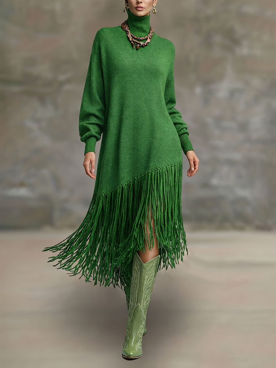 Women's Autumn New Arrival Bohemian Elegant Fringe Patchwork Hem Design St. Patrick's Day Natural Style Easter Atmosphere Vacation Knee-Length Dress - Green