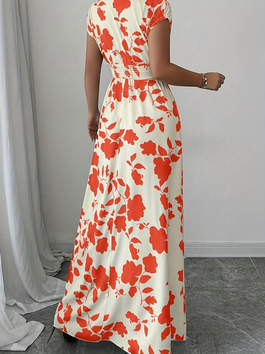 Elegant Pink Floral Maxi Dress with V-Neck and Short Sleeves - Flowing A-Line Silhouette, Cinched Waist, Perfect for Spring/Fall, Casual to Formal Wear, Casual Elegant Wear | Floral Print Dress | Cinched Waist Design - Orange-Red