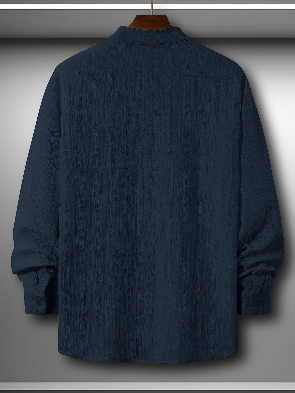 Men'S Classic Solid Color Casual Long Sleeve Button-Up Shirt - Stand Collar Design, Machine Washable, Calvin Print, & Blend - Navy Color