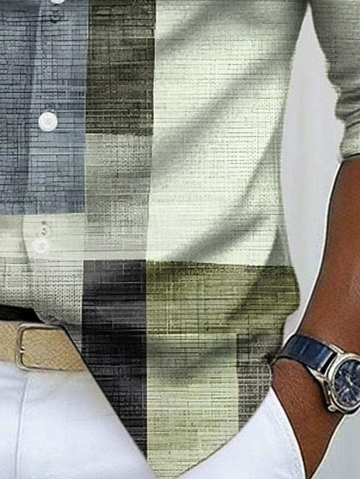 Men's Long-sleeve Shirt with Geometric Plaid Patchwork Print, Featuring a Mature Business-casual Style, Suitable for Workplace Commuting, Casual Gatherings, and Light Business Attire Occasions - Light Green