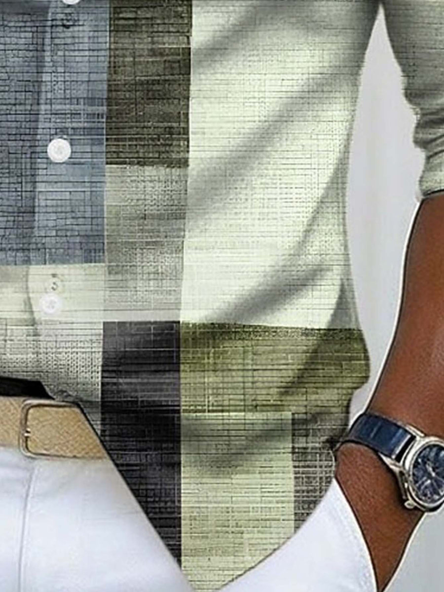 Men's Long-sleeve Shirt with Geometric Plaid Patchwork Print, Featuring a Mature Business-casual Style, Suitable for Workplace Commuting, Casual Gatherings, and Light Business Attire Occasions - Light Green