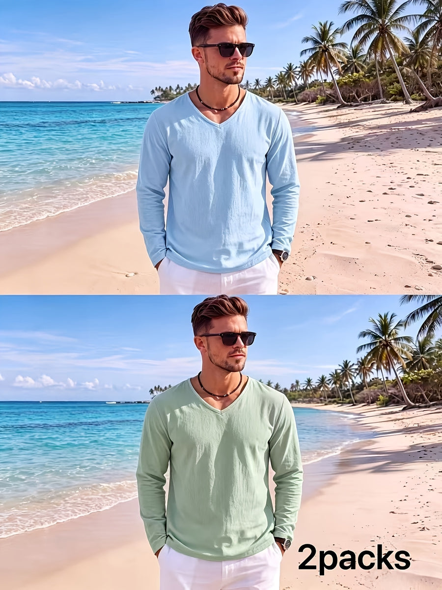 Men's 2pcs V-Neck Long Sleeve Linen T-Shirt, Breathable Loose Solid Color Top for Beach Outings and Daily Casual Wear - Light Blue + Light Green