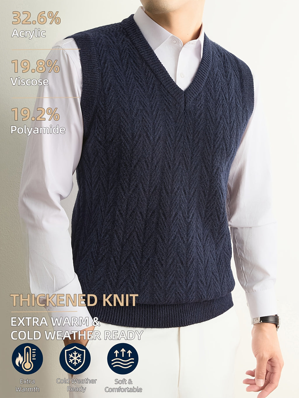 Men's Autumn & Winter Knitted Sweater Vest, Classic V-Neck with Raised Herringbone Texture, Thick & Warm, Timeless Refined Style for Work, Casual Wear, Outdoor Activities & Camping, Ideal Gift for Dad or Husband - Navy Color