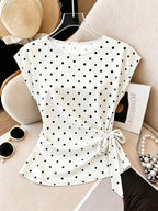 Ladies Polka Dot Printed Round Neck Side Tie T-Shirt - Mixed colors