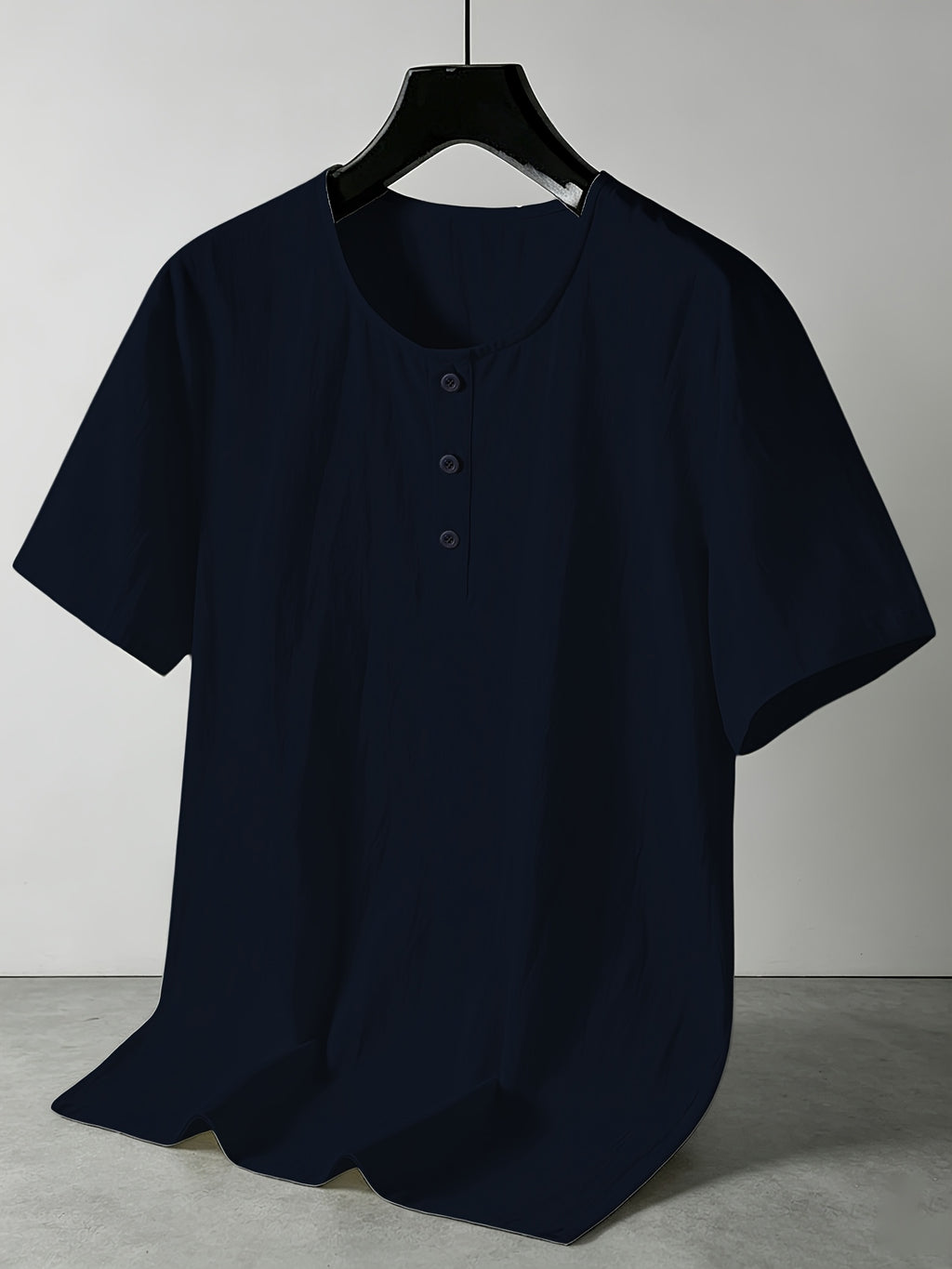Summer Men's Linen Henley T-Shirts 2pcs, Loose Fit Short Sleeve Casual Tee, Breathable Lightweight Basic Tops for Daily Commute & Home Wear, Simple Versatile Design for Multi-Occasion. - Black+Navy Blue
