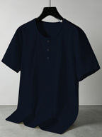 Summer Men's Linen Henley T-Shirts 2pcs, Loose Fit Short Sleeve Casual Tee, Breathable Lightweight Basic Tops for Daily Commute & Home Wear, Simple Versatile Design for Multi-Occasion. - Black+Navy Blue