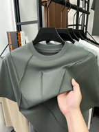 Men'S Spring Summer New Solid Stripe Cross Design Sense No Print Light Luxury Atmospheric Mid-Aged Men'S T-Shirt Short Sleeve Trendy Fashion Easy Style Fashionable Short T-Shirt Premium Comfortable Skin-Friendly Thin Cool Breathable Men'S Pure Offic - Green