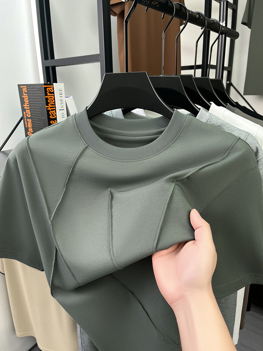 Men'S Spring Summer New Solid Stripe Cross Design Sense No Print Light Luxury Atmospheric Mid-Aged Men'S T-Shirt Short Sleeve Trendy Fashion Easy Style Fashionable Short T-Shirt Premium Comfortable Skin-Friendly Thin Cool Breathable Men'S Pure Offic - Green