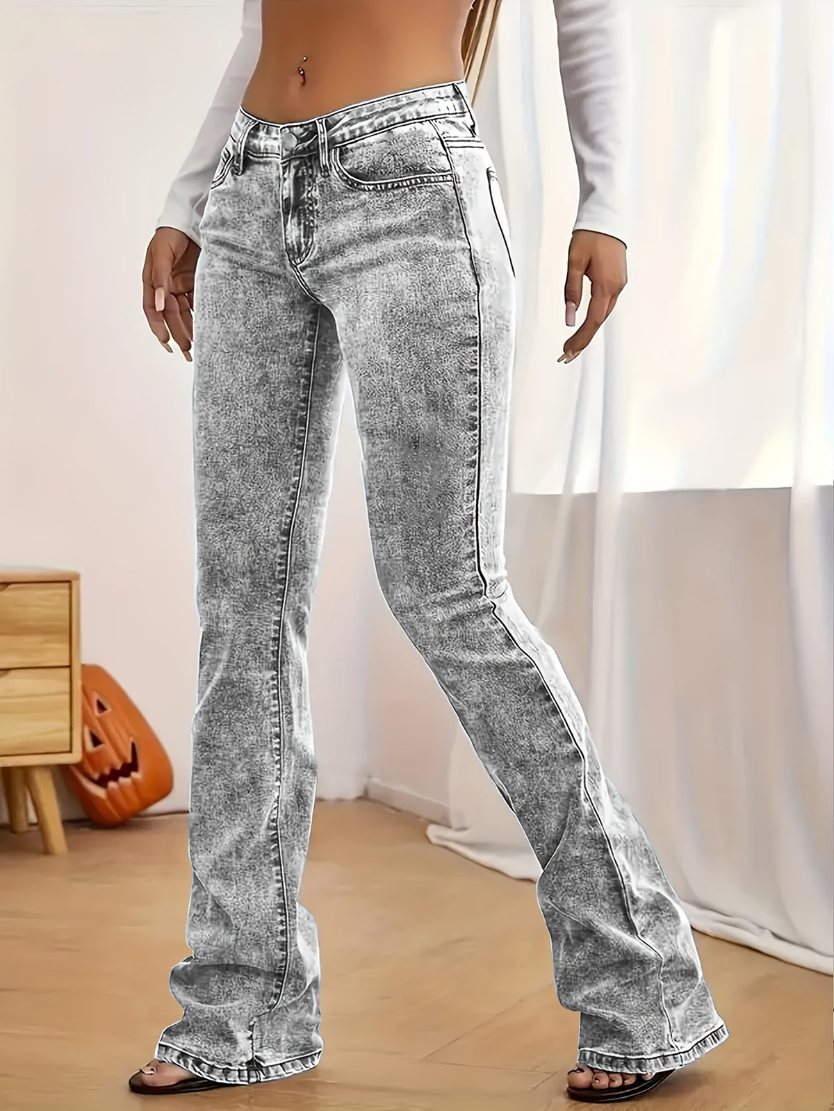 Mid-Low Waist Stretch Flared Jeans Women'S American Vintage Snowflake Washed Gray Slim Fit Stretch Flared Trousers Leg-Lengthening -Lifting Spicy Street Style Casual Outing Denim Trousers - Grey