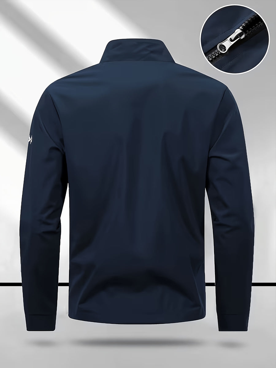 Men's Stand Collar Jacket with Color-blocking White Stripe Design and Logo, Business Casual Versatile Lightweight Windbreaker, Trendy Slim Fit Zip-up Sports Jacket, Suitable for Daily Work Wear. - Navy Color