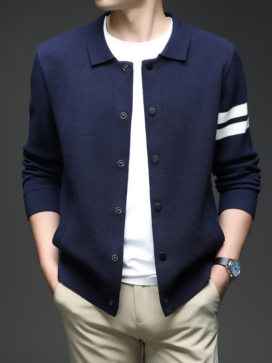 Star Dense Autumn-Winter Men's Striped Buttoned Open Front Long Sleeve Casual Turn Collar Knitted Cardigan, Mens Sleeveless Cardigans, Open Front Cardigan for Men, Cardigan, Men Plus Size Cardigan, Plus Size Mens Cardigan, Winter Wardrobe - Shangqing