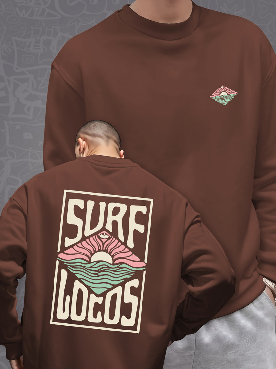 Surf SURF LOCOS Print, Men's Casual Trendy -Lined Long Sleeve Crewneck Sweatshirt, Fashion Print Sweatshirt - Coffee Color