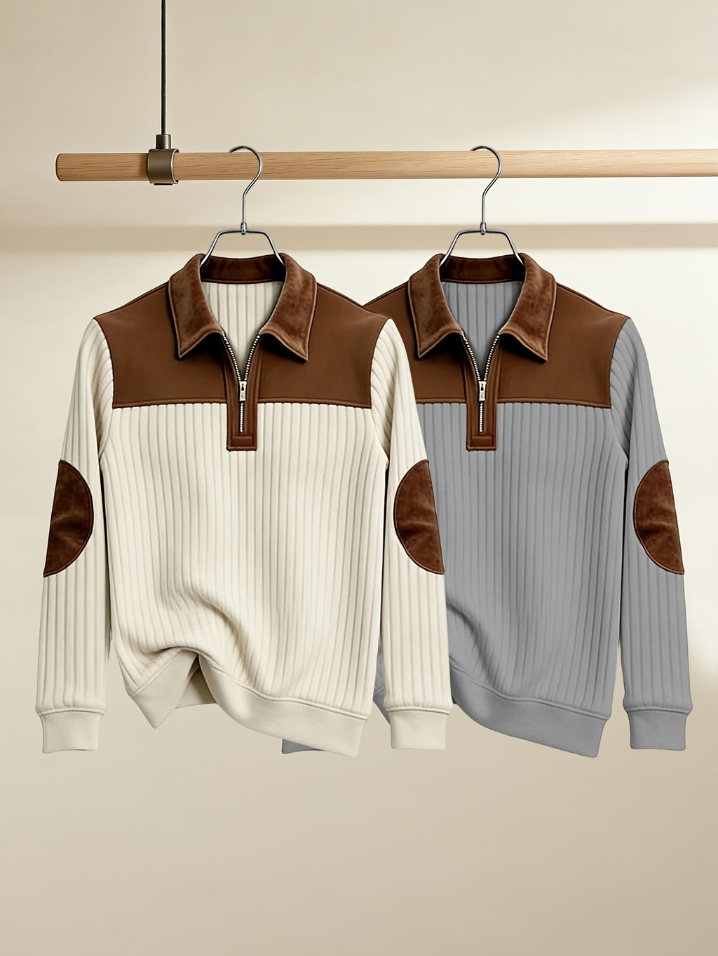 Men's Casual Long Sleeve Lapel Pullover with Patchwork Half-Zip Design, Two-pc, Multiple Colors Available, Men's Outdoor Casual Wear Suitable for Outdoor Sports and Vintage Casual Styling - Apricot+Gray