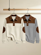 Men's Casual Long Sleeve Lapel Pullover with Patchwork Half-Zip Design, Two-pc, Multiple Colors Available, Men's Outdoor Casual Wear Suitable for Outdoor Sports and Vintage Casual Styling - Apricot+Gray