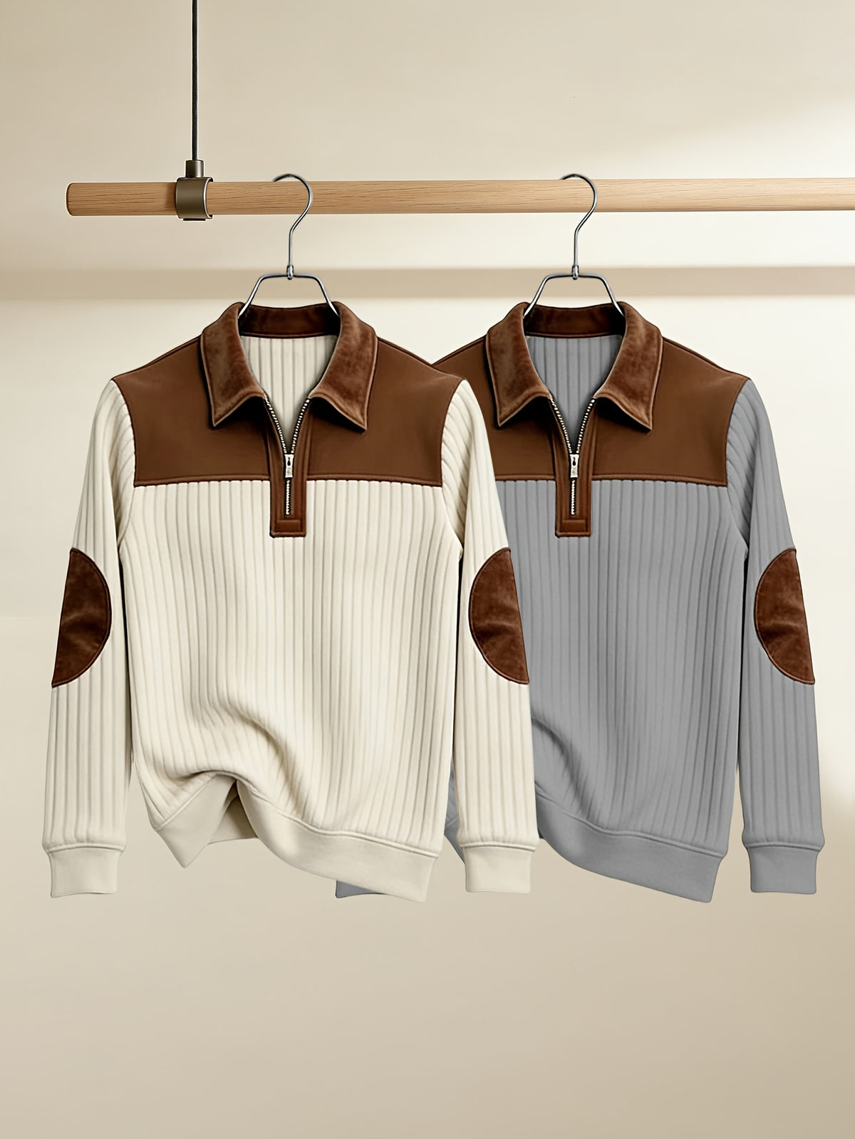 Men's Casual Long Sleeve Lapel Pullover with Patchwork Half-Zip Design, Two-pc, Multiple Colors Available, Men's Outdoor Casual Wear Suitable for Outdoor Sports and Vintage Casual Styling - Apricot+Gray