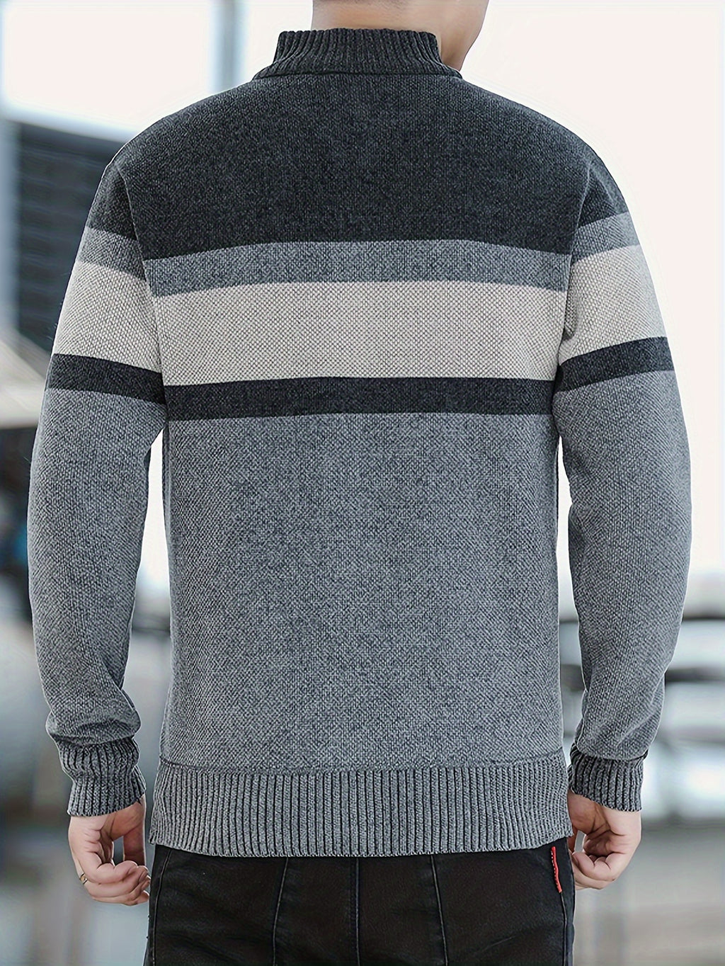 Men'S Autumn Winter Striped Contrasting Stand Up Collar, Thick Knit with Velvet, Zipper Jacket, Suitable for Autumn Winter Outdoor (Selected from Temujin) - Dark Gray