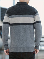 Men'S Autumn Winter Striped Contrasting Stand Up Collar, Thick Knit with Velvet, Zipper Jacket, Suitable for Autumn Winter Outdoor (Selected from Temujin) - Dark Gray
