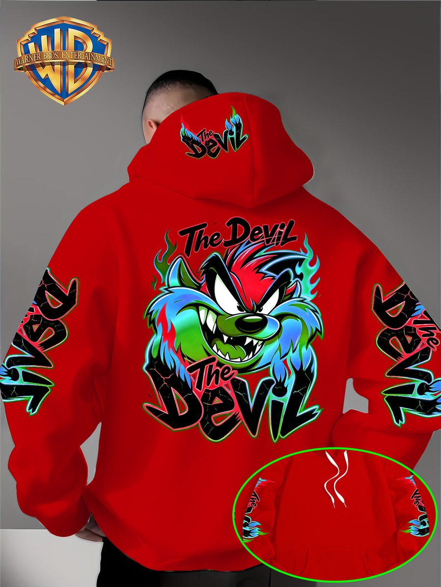 Le Yitong Flame Style Color-Block Graffiti Big Mouth Monster The Devil Print Hoodie, with Sleeve Print Design, Kangaroo Pouch And Drawstring Hood, Suitable for Autumn/Winter Casual Wear And Outdoor Activities - Red