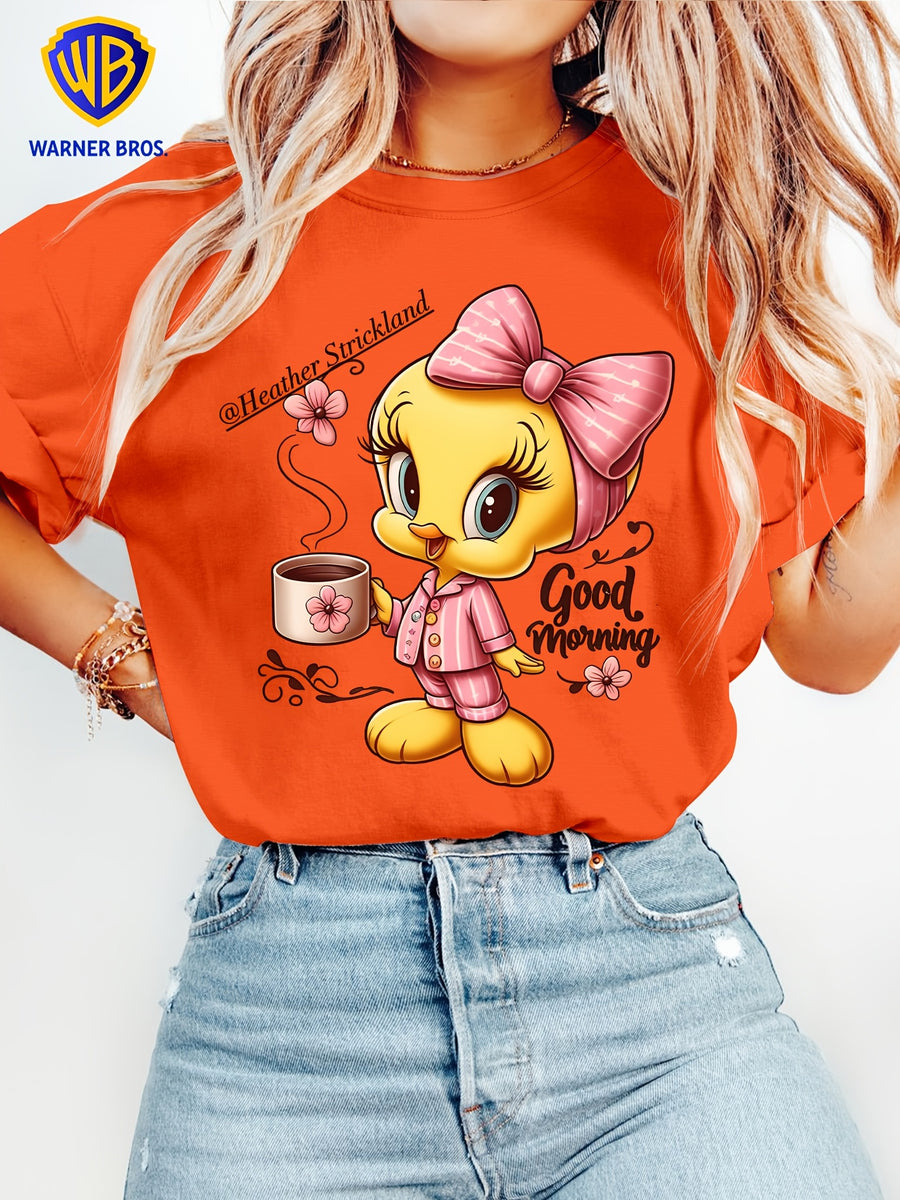 Women'S Elegant Short Sleeve, Cui Di Good Morning Morning Coffee Style Print, Soft Stretch Round Neck Casual Retro Style Top, Warner Bros. Licensed, Suitable for Spring Summer Autumn Daily And Vacation Wear, S-XXL Size - Orange