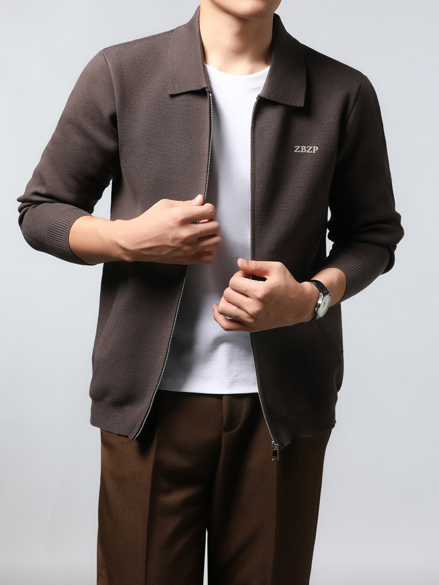 ZBZP Autumn/Winter Knitted Three-Dimensional Solid Color Lapel Sweater, Basic Knit Cardigan, Men's Fashion Knitwear Long-Sleeve Outerwear - Coffee Color