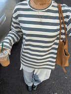 Vintage Brown/White/Blue Striped Oversized T-Shirt - Loose Fit Drop Shoulder Long Sleeve Top Suitable for Slightly Fuller Figures, Machine Washable Layering Piece for Fall Winter Wardrobe, Pilling & Fade Resistant Style - Mixed Color 4
