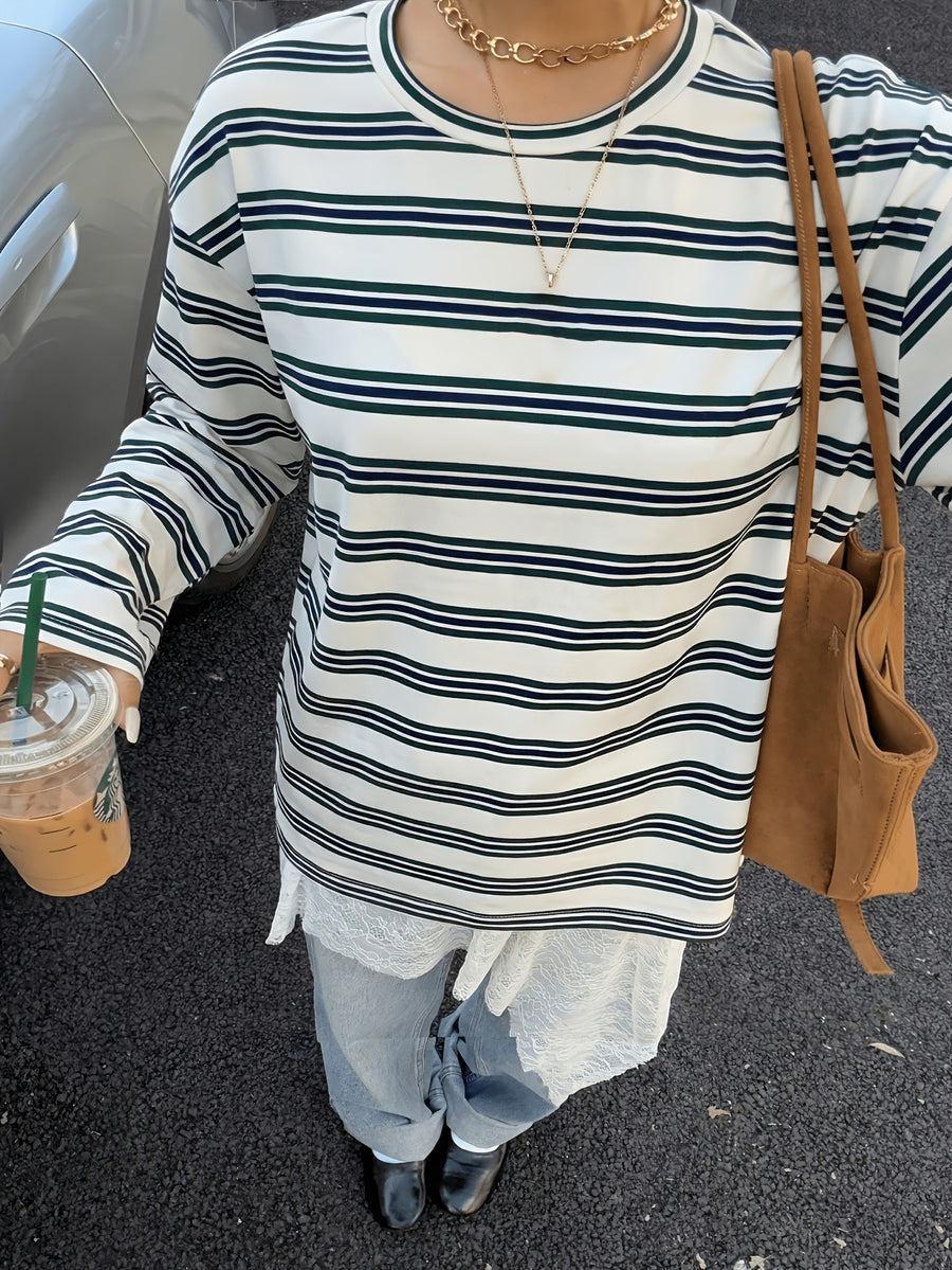 Vintage Brown/White/Blue Striped Oversized T-Shirt - Loose Fit Drop Shoulder Long Sleeve Top Suitable for Slightly Fuller Figures, Machine Washable Layering Piece for Fall Winter Wardrobe, Pilling & Fade Resistant Style - Mixed Color 4