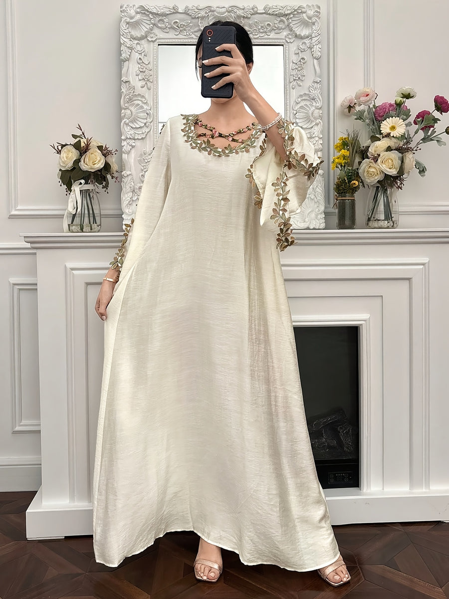Women's Loose-fit Long-sleeve Dress, Arabic Style, Adorned with Embroidery and Cross Patterns - Apricot